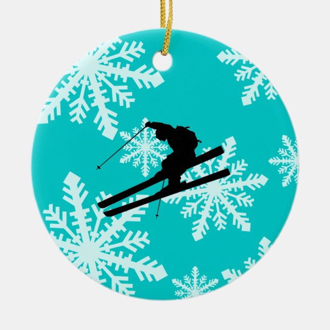 snowflakes skiing ceramic tree decoration (Front)