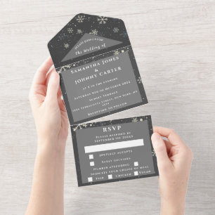 Snowflakes Snow Grey Winter Wonderland Wedding All In One Invitation