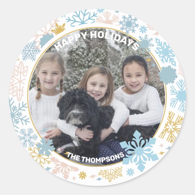 Snowflakes Snow Pink Blue Christmas Holidays PHOTO Classic Round Sticker (Front)