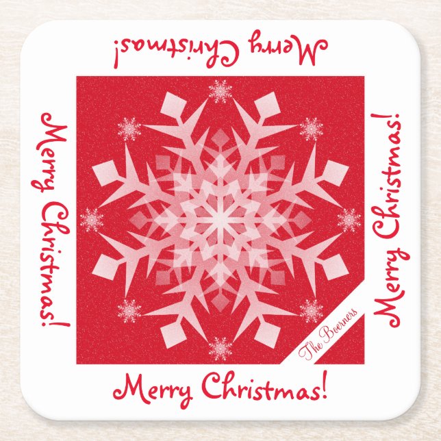Snowflakes Snowing Red Holiday Drink Disposable Square Paper Coaster (Front)