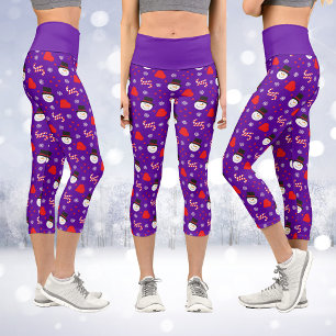 Snowflakes Snowman Candy Canes Blue Background Capri Leggings