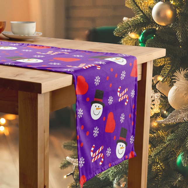 Snowflakes Snowman Candy Canes Blue Background Short Table Runner (Snowflakes Snowman Candy Canes Blue Background Short Table Runner)