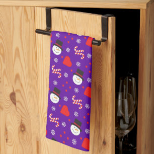 Snowflakes Snowman Candy Canes Blue Background Tea Towel