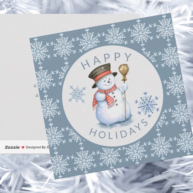 Snowflakes Snowman Happy Holidays Blue Grey Holiday Card (Creator Uploaded)