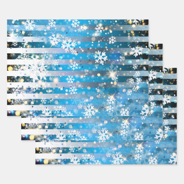 Snowflakes Sparkles and Lights On Blue Stripes Wrapping Paper Sheet (Set)