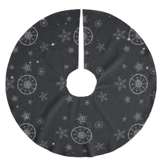 Snowflakes Sparkles Glitter Black Christmas Chic Brushed Polyester Tree Skirt (Front)