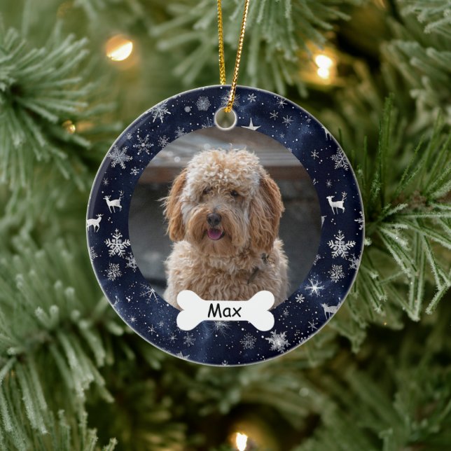 Snowflakes Stars Custom Pet Puppy Dog Photo Ceramic Ornament (Tree)