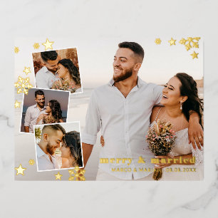Snowflakes Stars Merry Married Photo Collage Foil Holiday Postcard