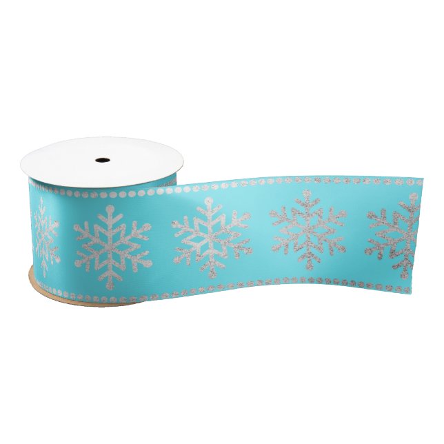 Snowflakes Stripes Silver Beach Ocean Blue Satin Ribbon (Spool)