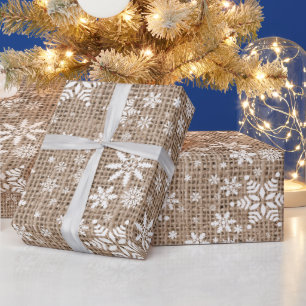 Snowflakes - Tan Burlap Texture Wrapping Paper