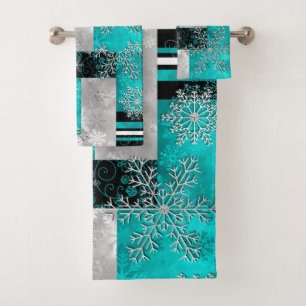 Snowflakes: Teal & Black Abstract Bath Towel Set