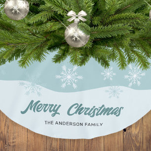 Snowflakes Teal Modern Script Christmas Brushed Polyester Tree Skirt