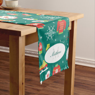Snowflakes Teal Monogram Pattern Christmas Party Long Table Runner