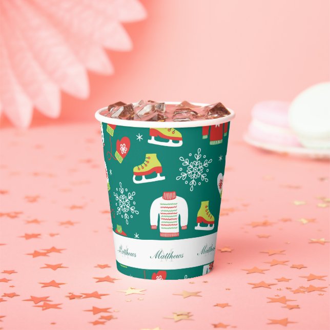 Snowflakes Teal Monogram Pattern Family Christmas Paper Cups (Insitu)