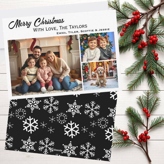 Snowflakes Three Family Photos Christmas Holiday Card (Creator Uploaded)
