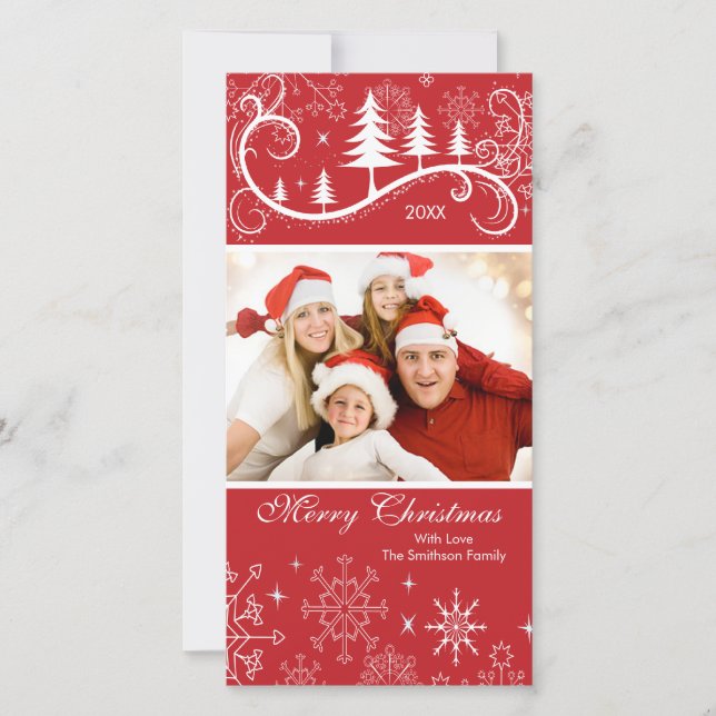 Snowflakes & Trees Merry Christmas Family Photo Holiday Card (Front)