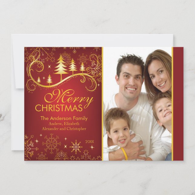 Snowflakes & Trees Merry Christmas Photo Card (Front)