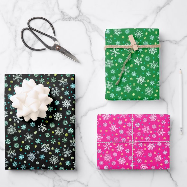 Snowflakes various shapes black green pink elegant wrapping paper sheet (Front)