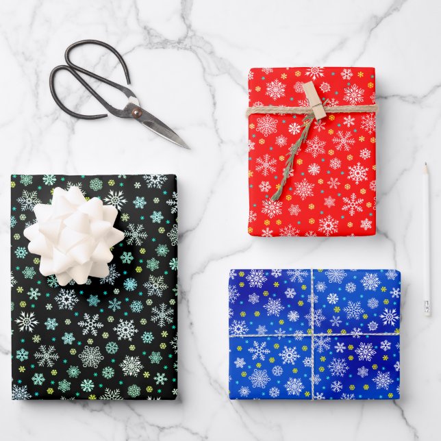 Snowflakes various shapes red blue black elegant wrapping paper sheet (Front)