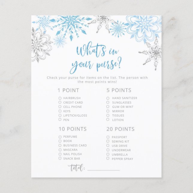 Snowflakes whats in your purse baby shower game (Front)