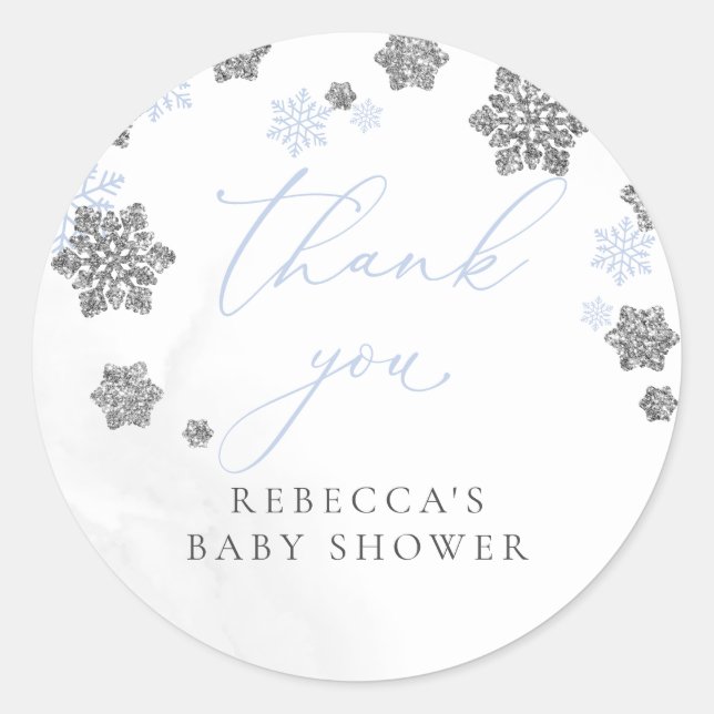 Snowflakes Winter Boy Baby Shower Thank You Classic Round Sticker (Front)