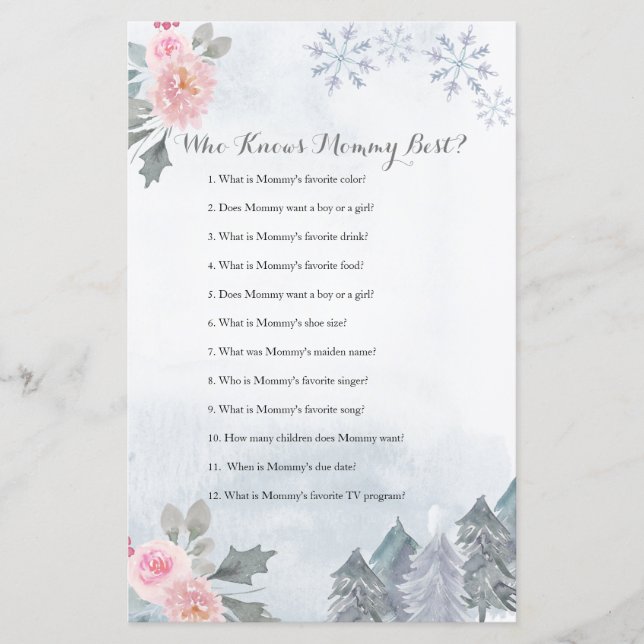 Snowflakes Winter Floral Who Knows Mummy Best Game (Front)