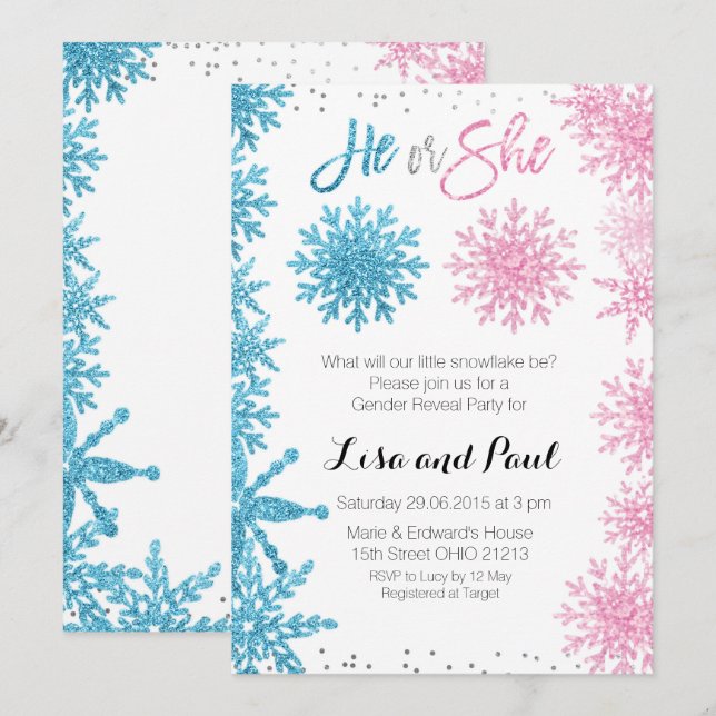 Snowflakes Winter gender reveal invitation (Front/Back)