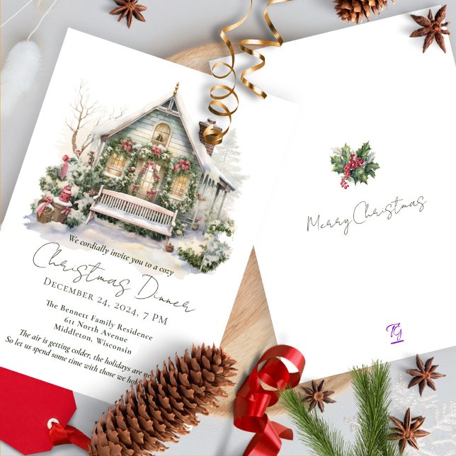 Snowflakes Winter Scene Watercolor Pine Christmas Invitation (Creator Uploaded)
