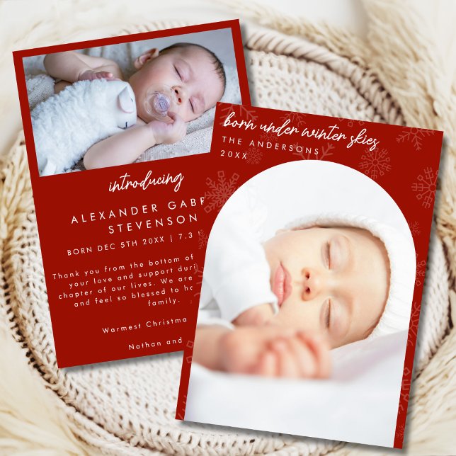 Snowflakes Winter Skies Red Christmas Birth Announcement (Creator Uploaded)