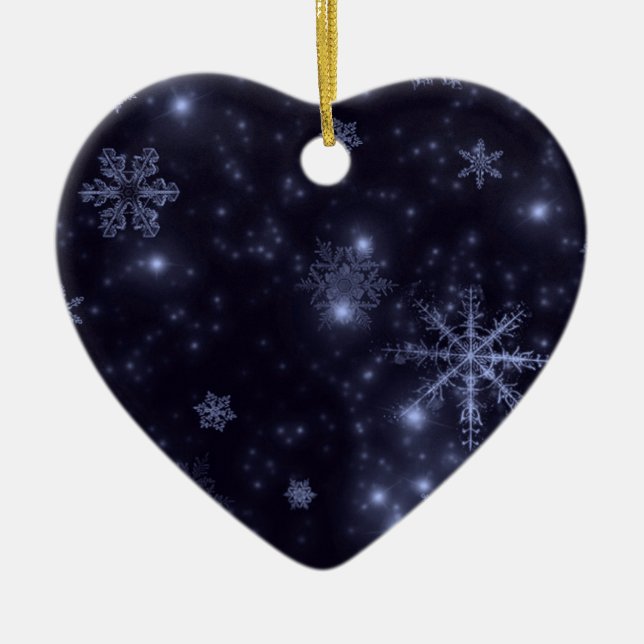 Snowflakes with Midnight Blue Background Ceramic Tree Decoration (Front)
