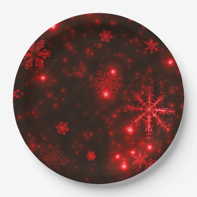 Snowflakes with Red Background Paper Plates (Front)