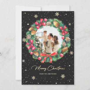 Snowflakes Wreath Gold Black Photo Christmas Holiday Card