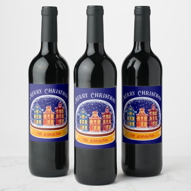 Snowglobe Amsterdam Village Christmas Wine Label (Bottles)