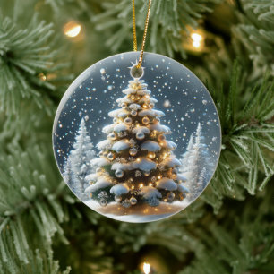 Snowglobe with Christmas Tree in Snow Ceramic Ornament