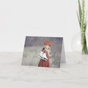 Snowing Girl with Ice Skates Christmas Holiday Card