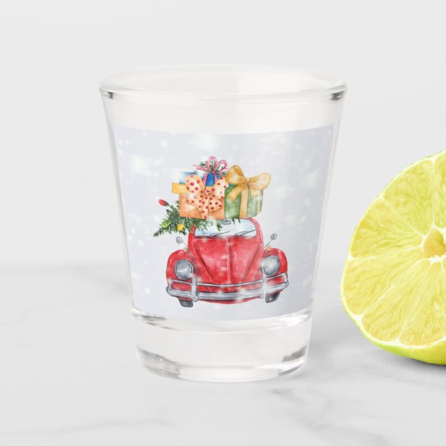 Snowing Red Car Christmas Gifts and Tree, ZSSP Shot Glass (Front)