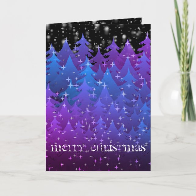 Snowing Starry Night Mystical Blue Purple Forest Holiday Card (Front)