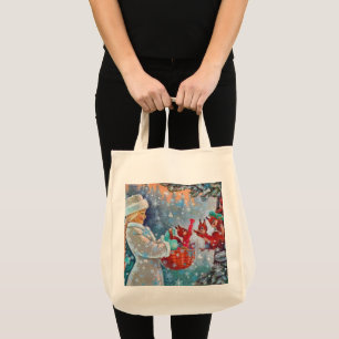 Snowing Winter Christmas Cute Girl with Squirrels Tote Bag