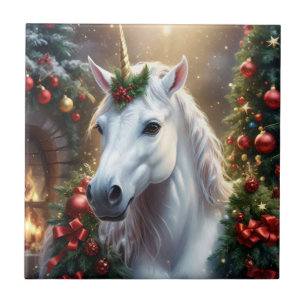 Snowlight: The Enchanted Christmas Unicorn Ceramic Tile
