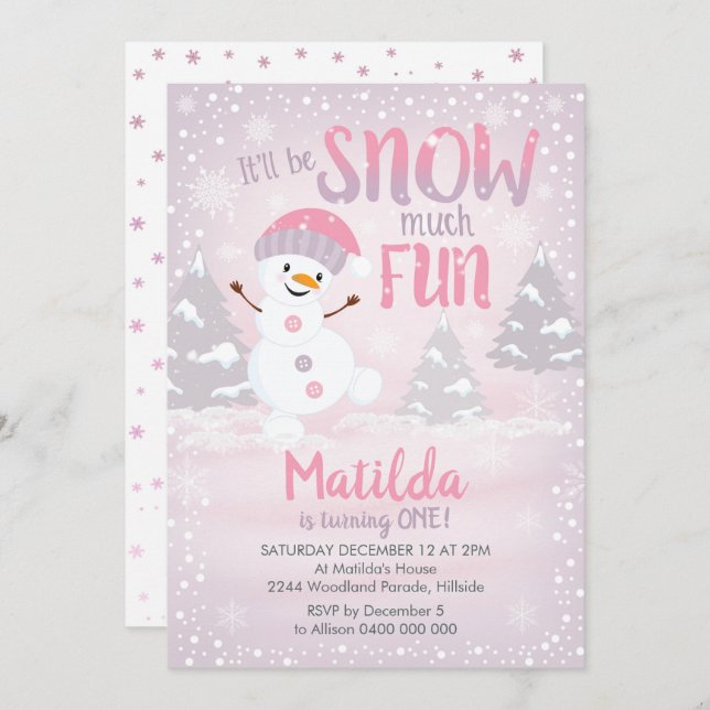 Snowman 1st Birthday Invitation Winter Girl (Front/Back)