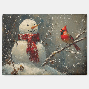 Snowman and a Cardinal Oil Painting Magnet