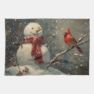 Snowman and a Cardinal Oil Painting Tea Towel