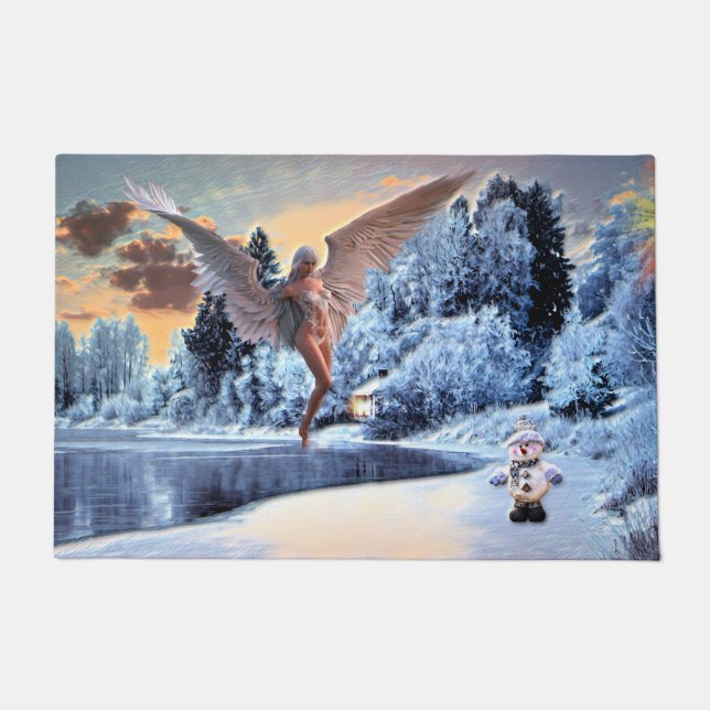 Snowman and Angel Fantasy Floor Mat (Front)