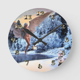 Snowman and Angel Fantasy Round Clock