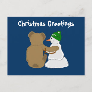 Snowman and Bear Friends Holiday Postcard