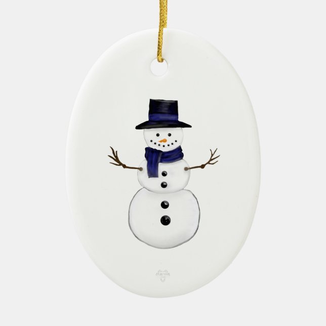 Snowman and Blue Snowflake Ceramic Oval Ornament (Front)