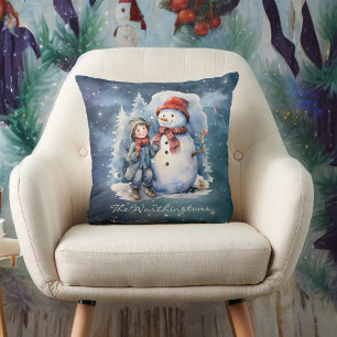 Snowman and Boy with Scarves Starry Night Monogram Cushion