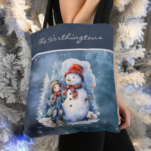 Snowman and Boy with Scarves Starry Night Monogram Tote Bag