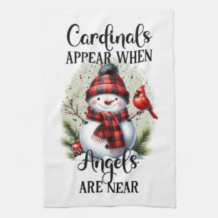 Snowman and Cardinal with Angel quote Tea Towel