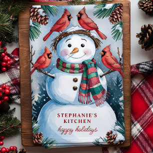 Snowman and Cardinals Personalised Christmas Tea Towel